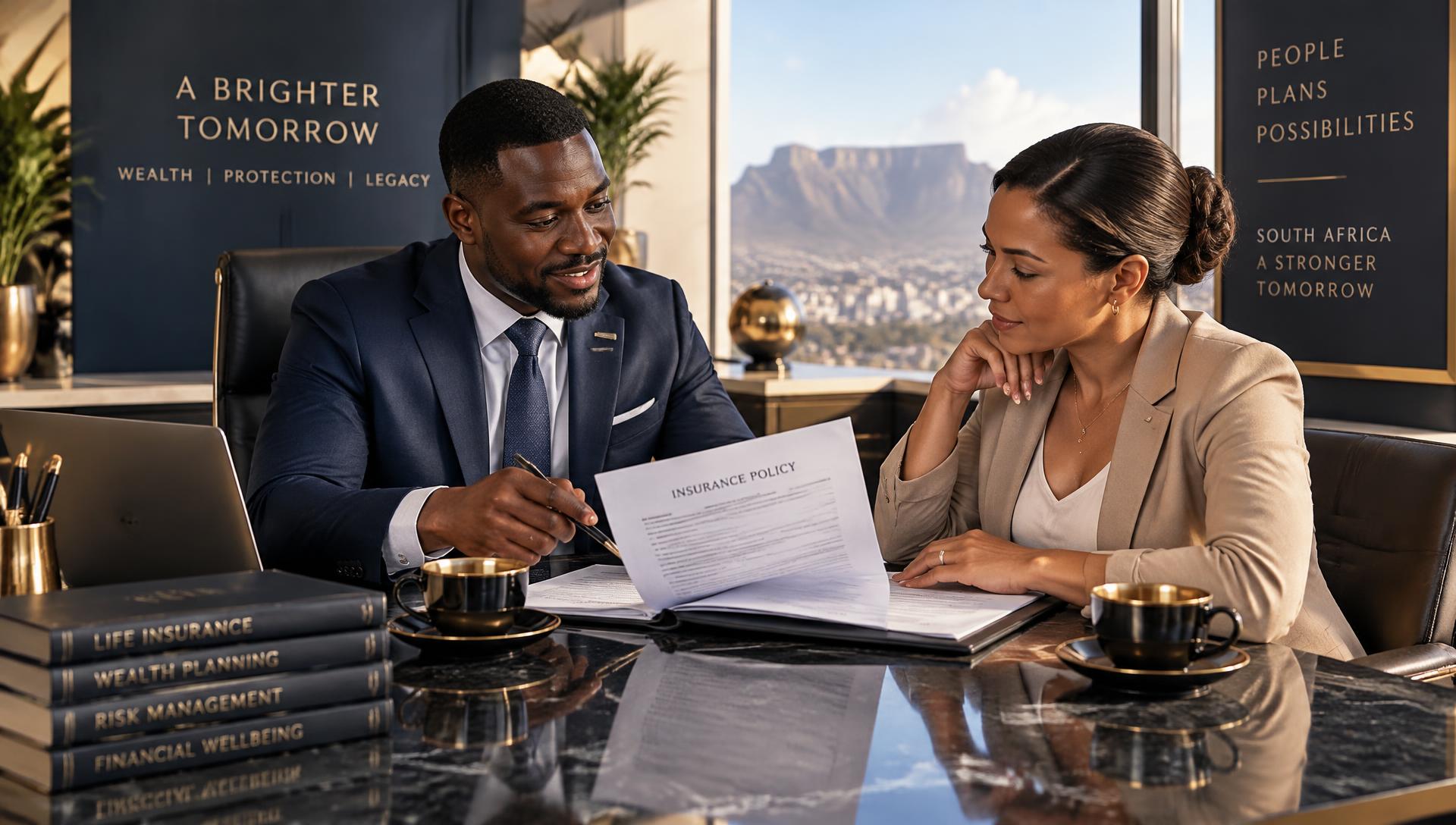 Financial adviser reviewing an insurance policy document with a client